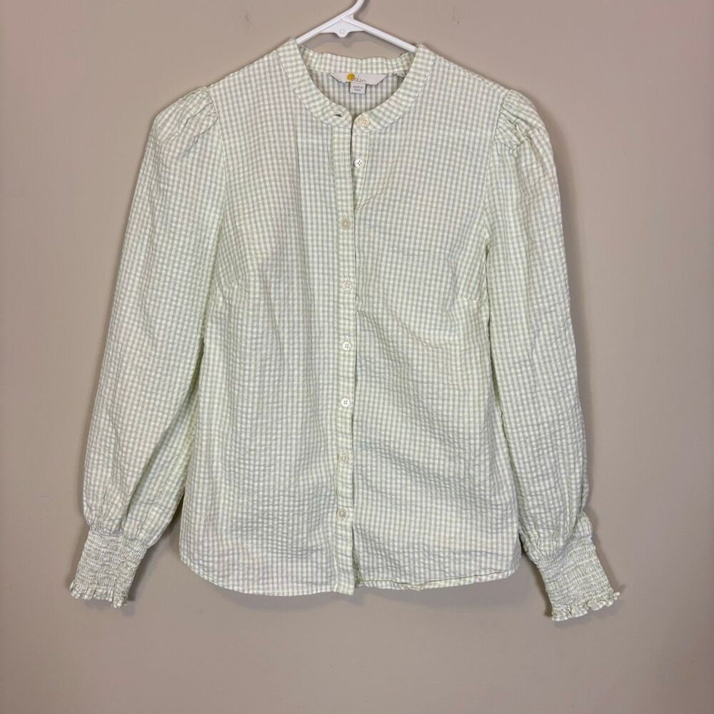 Boden White‎ with Light Green Gingham Print Button Down Shirt US 2